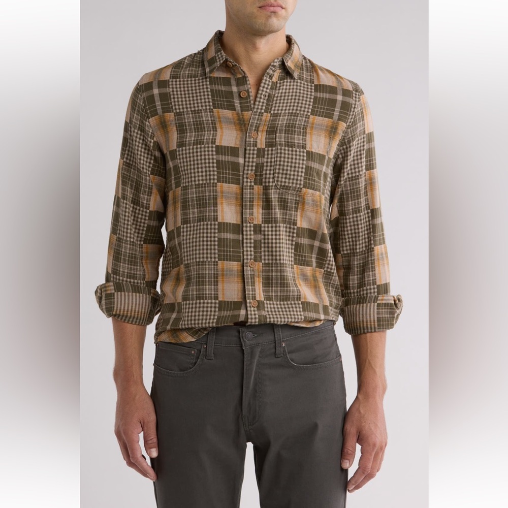 Lucky Brand San Gabriel Patchwork Button-Up Shirt Natural Multi Green Size XL